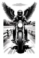 motorcycle rider with angel wings driving away on country road, speed limit sig. 65, farm fences and acreage on both sid tattoo design idea