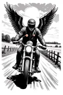 motorcycle rider with angel wings driving away on country road, speed limit sig. 65, farm fences and acreage on both sid tattoo design idea
