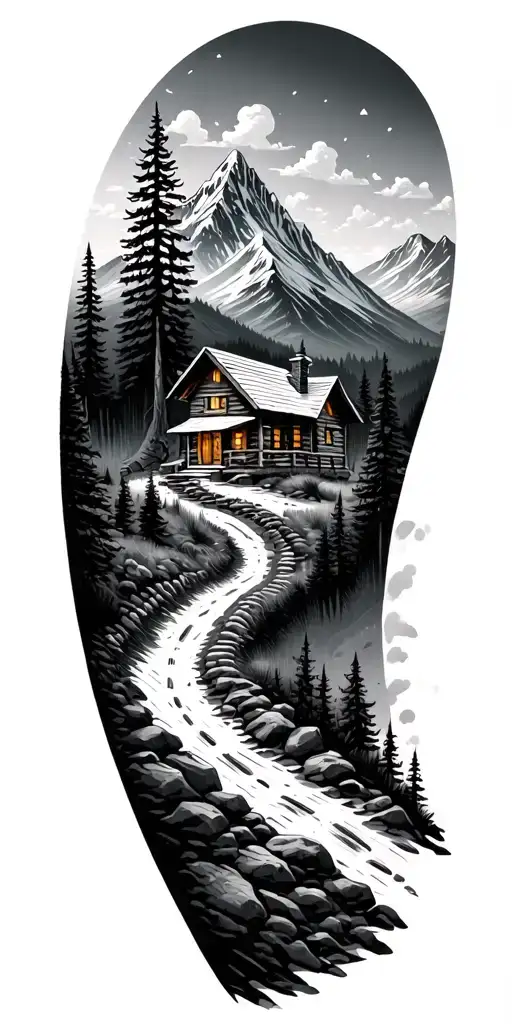 Mountain cabin and trail winding road leading its pack tattoo design idea