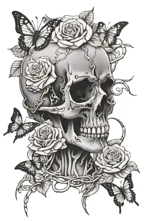 Skull, roses, face girl, broken chains, plains, butterfly,broken sword tattoo design idea