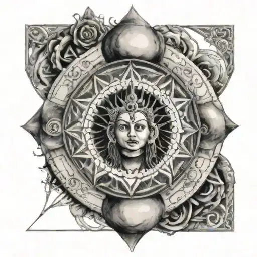 A tattoo design featuring the seven chakras of the body arranged in a circle, with the center representing the third eye of Lord Shiva, in a dotwork style tattoo design idea