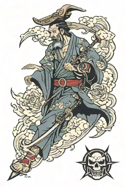 Japanese style leg tattoo with a reaper with clouds and lightning tattoo design idea
