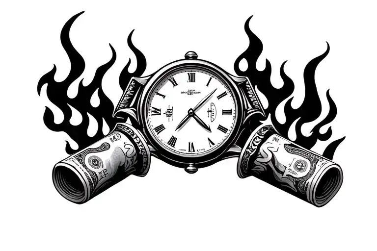 flames into money rolls on gamble board and old time watch tattoo design idea