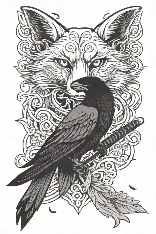 Japanese fox head and a crow with 2 katanas crossed tattoo design idea