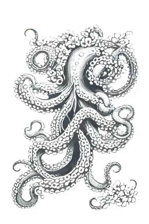 Octopus Hapalochlaena, intricate details, twisting nine tentacles, Japanese wave patterns, binary code, small flowers, tattoo design idea
