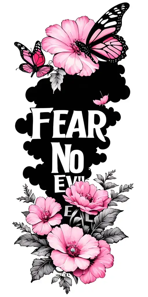 pink words saying fear no evil with pink flowers and butterfly's with black clouds  tattoo design idea