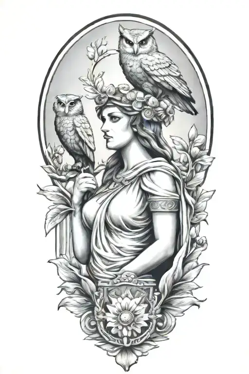 athena greek goddess with owl and parthenon and olive branch tattoo design idea