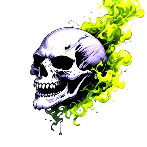 Ferocious skull, in acid-green smoke, 3/4 view, on a white background tattoo design idea