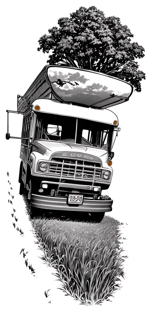 school bus on a farm with 48 ford pickup tattoo design idea