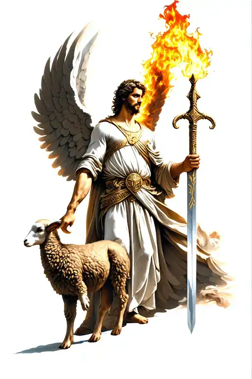 biblical archangel Michael holding a flaming sword and a lamb tattoo design idea