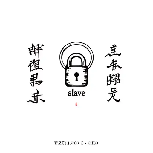 "slave 奴隶 chó" padlock symbol surrounded by text in a circle  tattoo design idea