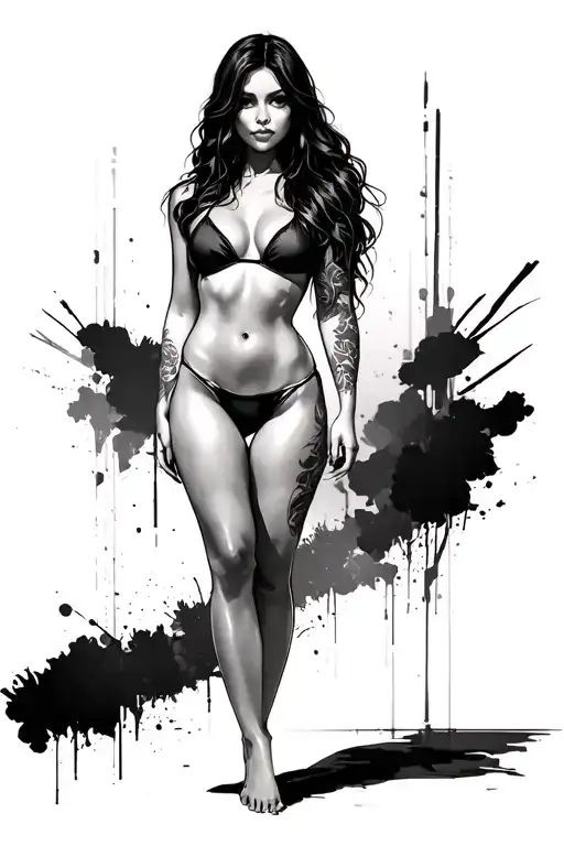 Sexy girl, petite, big boobs, wide hips, bikini . long hair,sexual. Seductive. Full Body, standing with legs and feet tattoo design idea