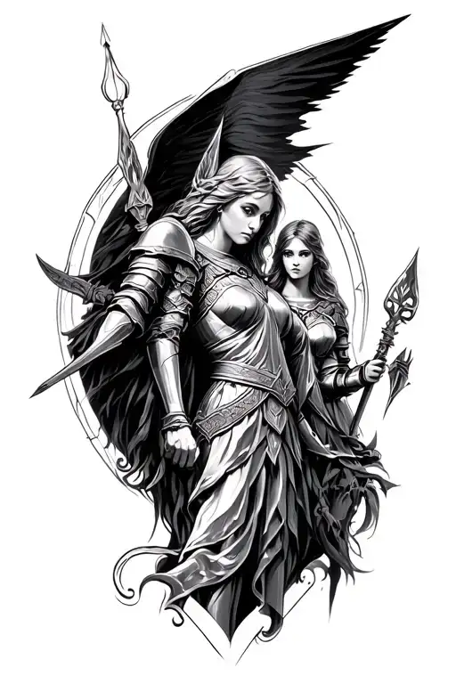 Draw a sketch of a tattoo in the Gothic style with novices of Themis so that there are many knights and girls there tattoo design idea