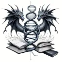 fibonacci sequence made out DNA strands with dragons & books surrounding it tattoo design idea