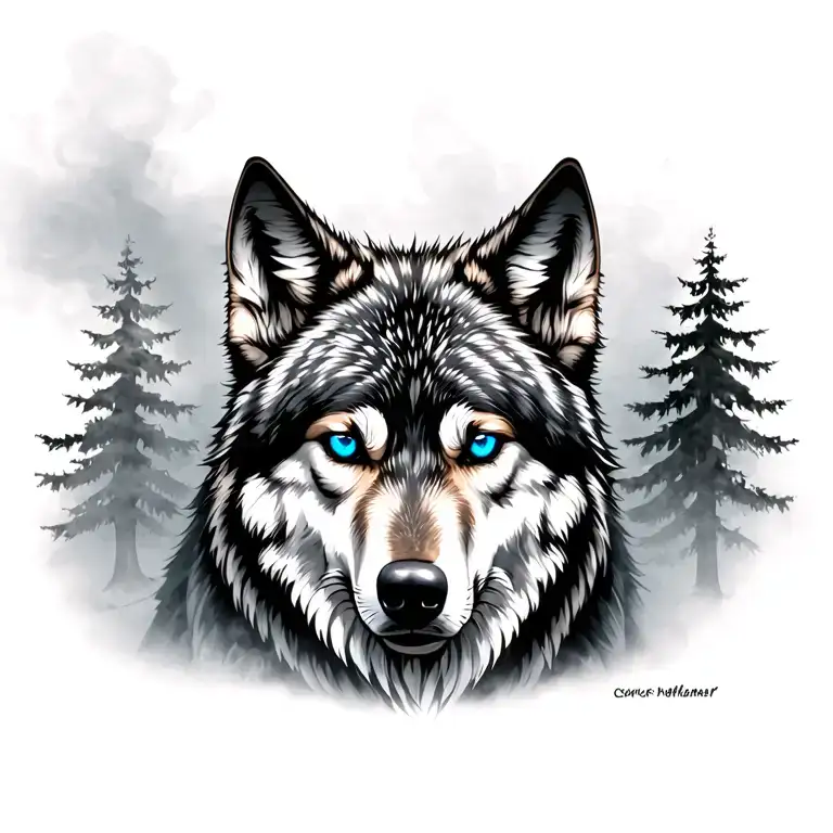 WOLF WITH BLUE EYES AND TREES IN THE BACKGROUND WITH SMOKE EFFECT tattoo design idea