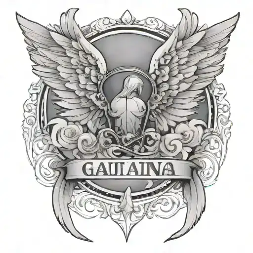 archangel wings with halo and "GAUTAM" written tattoo design idea