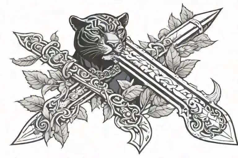 blunted sword from African American flag/fig leaves, with black panther wrapped around the sword in 3d tattoo design idea