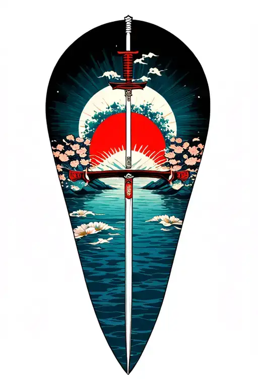 katana, Japanese sun, Shinto shrine tattoo design idea