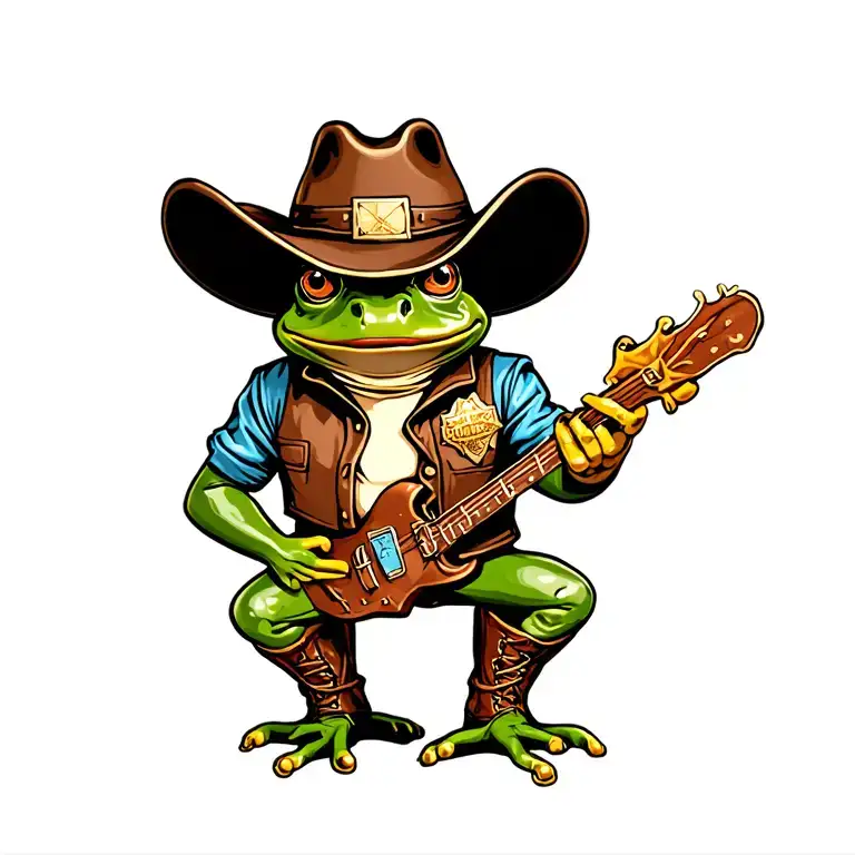 frog in cowboy hat, vest, sheriff badge, western boots tattoo design idea