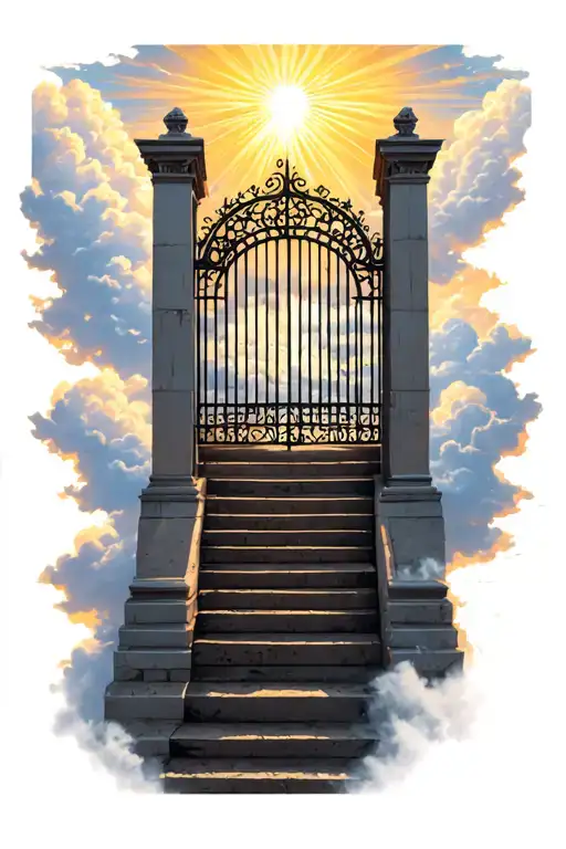 Stairway to heaven with a gate and the sun beaming down with clouds from to top down the sides of the stairs Somebody wa tattoo design idea