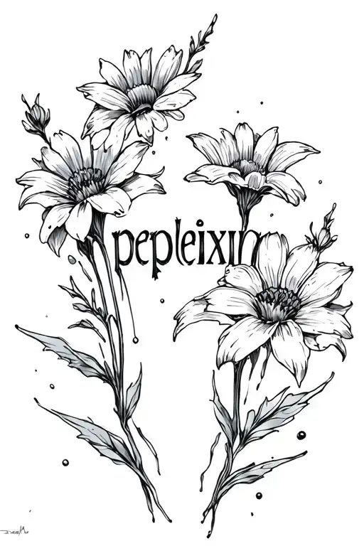 oil spill and flowers with the word 'perplexing' tattoo design idea