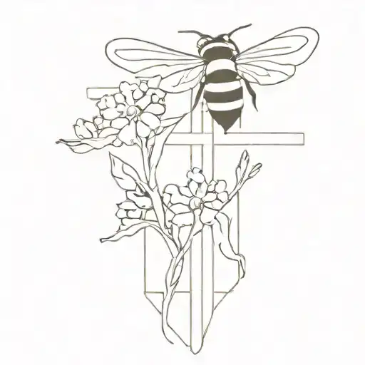 fine line cross with wild flowers with mountains in the background. a small bumble bee   tattoo design idea