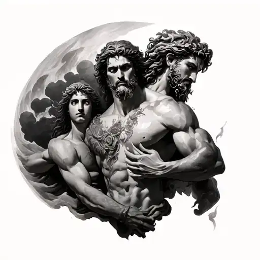 “The Pantheon’s Wrath”A dramatic full-back piece depicting an intense scene  of Greek gods hades zeus poseidon tattoo design idea