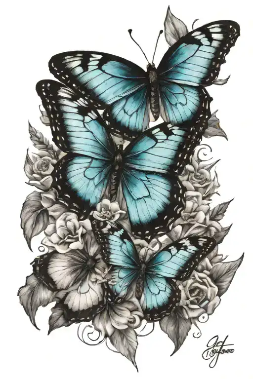 half sleeve, mathesons bay beach, morpho butterflies, 69 mustang  tattoo design idea