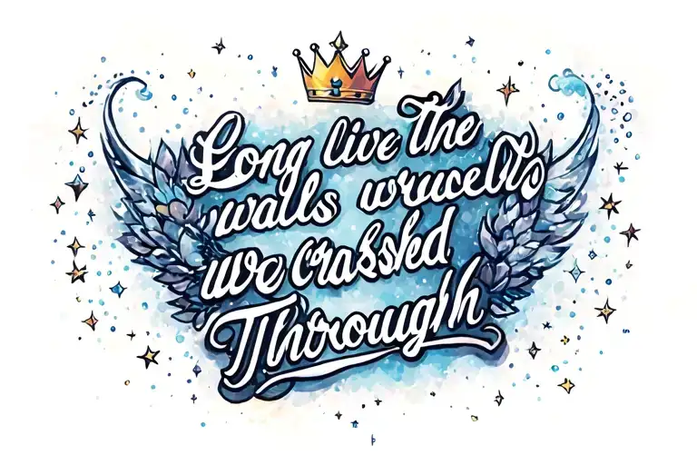 "Long live the walls we crashed through"Flowing, dreamy scriptMaybe a tiny crown, twinkling stars, or sparkles around tattoo design idea