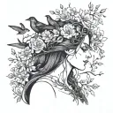 A hauntingly beautiful tattoo of a depressed woman surrounded by delicate flowers and birds tattoo design idea