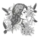 A hauntingly beautiful tattoo of a depressed woman surrounded by delicate flowers and birds tattoo design idea