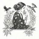 A hauntingly beautiful tattoo of a depressed woman surrounded by delicate flowers and birds tattoo design idea