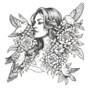 A hauntingly beautiful tattoo of a depressed woman surrounded by delicate flowers and birds tattoo design idea