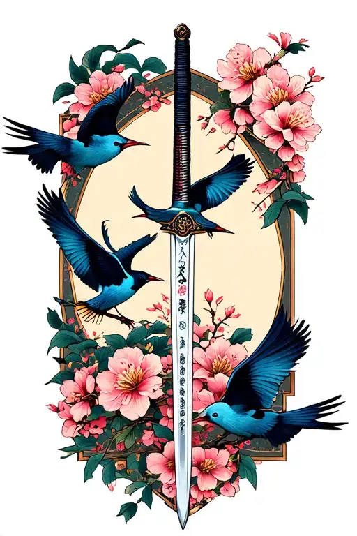 broken katana sword, flying birds, cherry blossoms. tattoo design idea