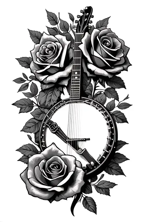  banjo and roses entwined tattoo design idea
