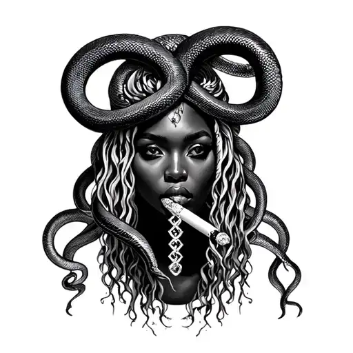 african american mudusa with long snakes for hair smoking a blunt with diamond grill tattoo design idea