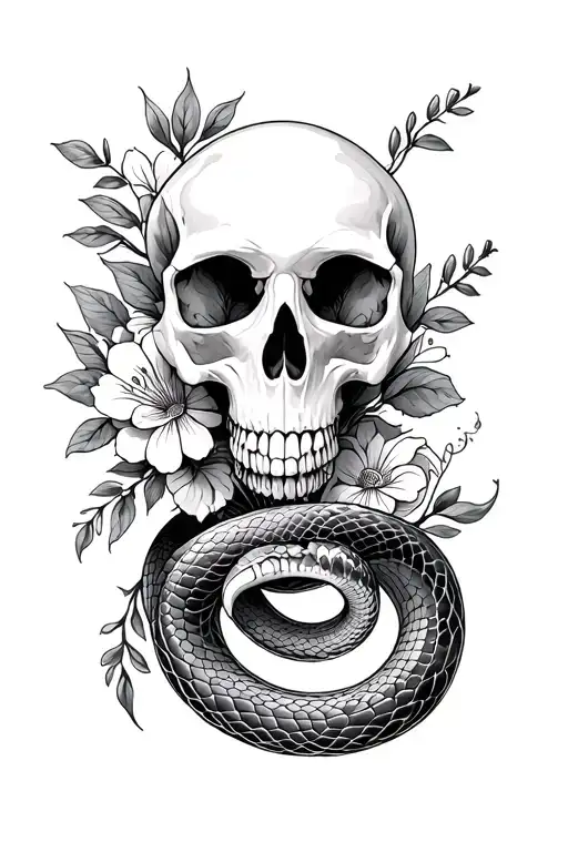 snake skull and floral  tattoo design idea