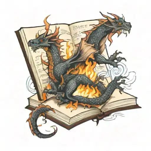 dragon fire in a book tattoo design idea