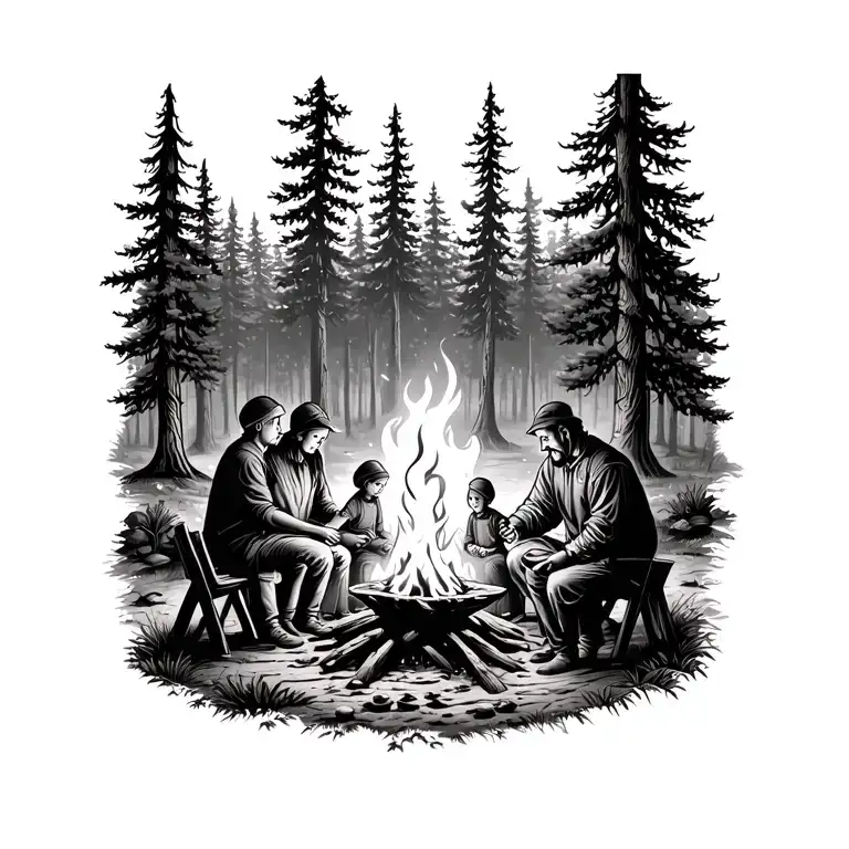A detailed scene of a family gathering around a campfire in the woods, with each family member represented in a unique way, symbolizing your love for family, heritage, and the outdoors tattoo design idea