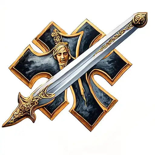 Joan of arc with sword infront and cross of Lorraine tattoo design idea