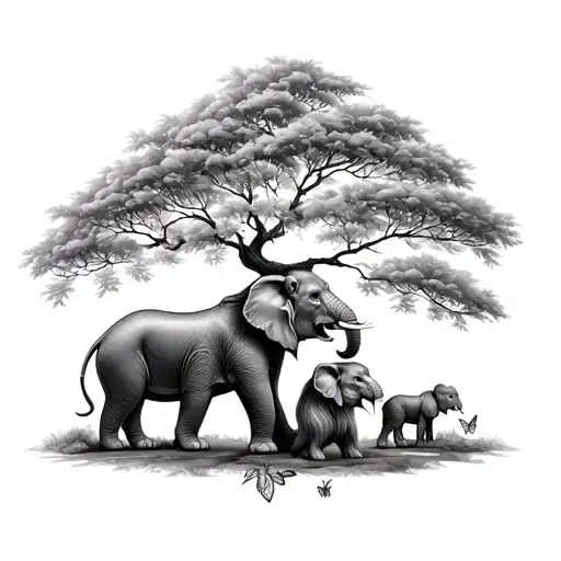 family tree, with a young male lion, lionet with a flower in her ear, young elephant with a butterfly above the trunk tattoo design idea
