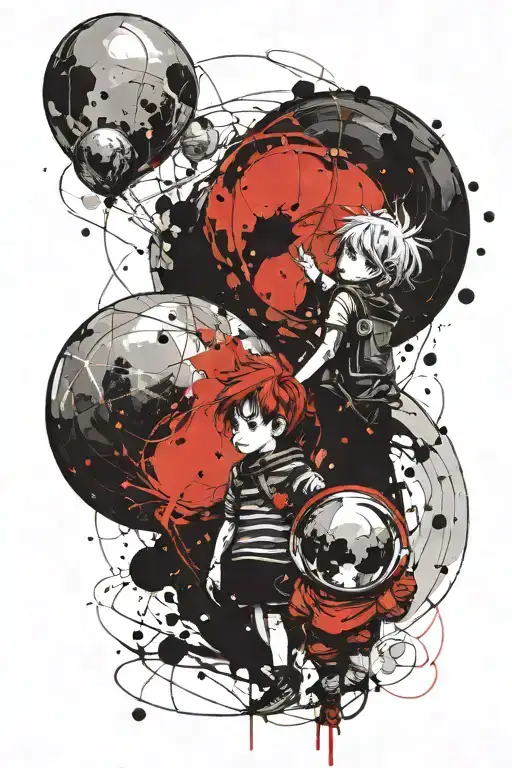 two children holding balloons in the shape of planets tattoo design idea