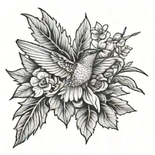 oak leaves gardenia pipe cane hummingbird tattoo design idea