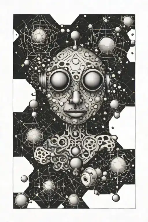 puppet, ketamine molecule, atom, dot, psytrance, pattern tattoo design idea