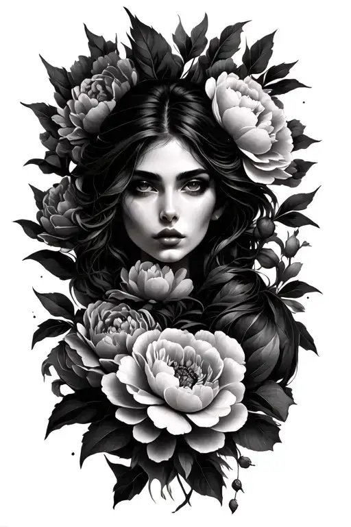 woman emerging from peonies, warrior, strength, resiliance, feminine, eyes open, tattoo design idea