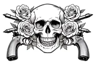 skull in the middle with roses and bullets on both sides & two pistols facing the opposite way behind skull tattoo design idea