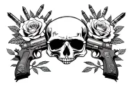 skull in the middle with roses and bullets on both sides & two pistols facing the opposite way behind skull tattoo design idea