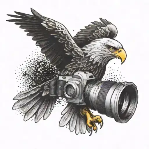 An eagle carrying a camera in its talons, representing the client's passion for photography and freedom tattoo design idea