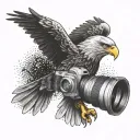 An eagle carrying a camera in its talons, representing the client's passion for photography and freedom tattoo design idea