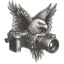 An eagle carrying a camera in its talons, representing the client's passion for photography and freedom tattoo design idea